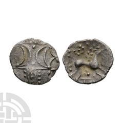 Celtic Iron Age Coins - Iceni - Antedios - AR Unit 1st century B.C. Obv: double crescents on wreath. Rev: horse right with reversed S before, pelleted sun above and ANTD monogram below. S. 441; BMC 38