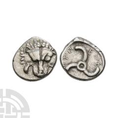 Ancient Greek Coins - Lycia - Trbbanimi - Triskeles AR Fraction 390-385 B.C. Triobol or tetrobol. Obv: lion's scalp facing. Rev: Lycian legend TRBBWNEME with triskeles rotating left. Traité II-2, 475;