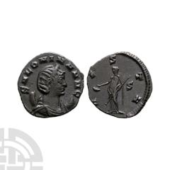 Ancient Roman Imperial Coins - Salonina - Vesta AE Antoninianus 260-268 A.D. Wife of Gallienus, Milan mint. Obv: SALONINA AVG legend with draped bust right with crescent behind shoulders. Rev: VESTA l