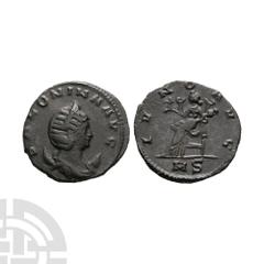Ancient Roman Imperial Coins - Salonina - Juno AE Antoninianus 265-266 A.D. Wife of Gallienus, Milan mint. Obv: SALONINA AVG legend with draped bust right with crescent behind shoulders. Rev: IVNO AVG