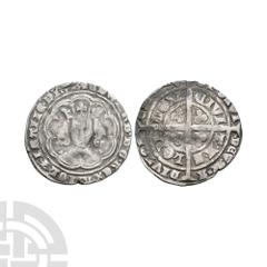 English Medieval Coins - Edward III - London - Pre Treaty Groat 1356-1361 A.D. Series Gg. Obv: facing bust within tressure with +EDWARD D G REX ANGL Z FRANC D HYB legend. Rev: long cross and pellets w