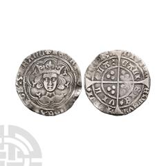 English Medieval Coins - Henry VI - Calais - Pinecone Mascle AR Groat 1431-1432/3 A.D. Obv: facing bust within tressure with HENRICVS DI GRA[pinecone]REX ANGL Z FRANC legend. Rev: long cross and pelle