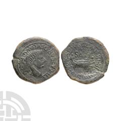 Ancient Roman Provincial Coins - Tiberius - Spain - Galley AE As 14-37 A.D. Saguntum mint. Obv: TI CAESAR DIVI AVG F AVG legend with bare head right. Rev: L SEMP GEMINO L VAL SVRA II VIR legend with g