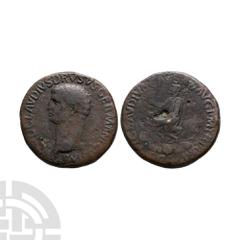 Ancient Roman Imperial Coins - Nero Claudius Drusus under Claudius - Seated Figure AE Sestertius 41-42 A.D. Father of Claudius, Rome mint. Obv: NERO CLAVDIVS DRVSVS GERMANICVS legend with bare head le
