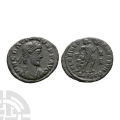 Ancient Roman Imperial Coins - Gratian Emperor and Captive Bronze 372-375 A.D. Siscia mint. Obv: D N GRATIANVS P F AVG legend with diademed and draped bust right. Rev: GLORIA ROMANORVM legend with emp