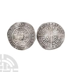 English Medieval Coins - Edward III - Pre Treaty AR Groat 1356-1361 A.D. Series G. Obv: facing bust with tressure with EDWAR D G REX ANGL Z FRANC D HYB legend. Rev: long cross and pellets with POSVI D