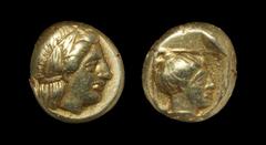 Ancient Greek Coins - Mytilene - Lesbos - Electrum Artemis Hekte 412-378 BC. Obv: laureate head of Apollo right. Rev: head of Artemis right, hair in a topknot, within linear square in incuse square. B