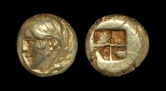 Ancient Greek Coins - Phocaea - Ionia - Electrum Portrait Hekte 387-326 BC. Obv: female head left with large curl behind ear, wearing earring; seal beneath neck. Rev: quadripartite incuse square. Bode