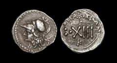 Ancient Greek Coins - Syracuse - Hieron II - Helmet Litra 216-215 BC. Struck under Hieron II. Obv: head of Athena left, in crested Corinthian helmet. Rev: SURAKOSIWN legend above XIII; three pellets t