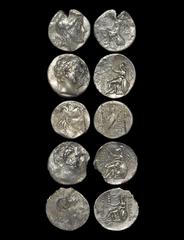 Antiochus III and VII, Lysimachos, Philetairos - Apollo, Athena and Zeus Tetradrachm Group [5] 288-129 BC. Group comprising: first, 223-187 BC, Antiochus III. Obv: diademed head of Antiochos right. Re