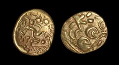 Celtic Iron Age Coins - Corieltauvi - North East Coast - Gold Stater 50-5 BC. Horse left type, NE5-6. Obv: wreath, cloak and crescents. Rev: horse left with pellet below, 'eye' above head and pellets 