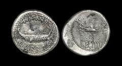 Ancient Roman Imperial Coins - Marc Antony - Legion III Galley Denarius 32-31 BC. Third legion, military mint. Obv: ANT AVG III VIR R P C legend above and beneath Praetorian galley. Rev: legionary eag