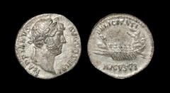 Ancient Roman Imperial Coins - Hadrian - Galley Denarius 134-138 AD. Rome mint. Obv: HADRIANVS AVG COS III P P legend with laureate head right. Rev: FELICITATI AVGVSTI legend above and beneath galley 