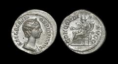 Ancient Roman Imperial Coins - Orbiana - Concordia Denarius 225 AD. Wife of Severus Alexander (222-235 AD), Rome mint. Obv: SALL BARBIA ORBIANA AVG legend with diademed, draped bust right. Rev: CONCOR