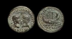Ancient Roman Imperial Coins - Gordian III and Tranquillina - Thrace - Anchialus - Galley Bronze 241-244 AD. Obv: AVT K M ANT GORDIANOC AVG CAB TRANKVLLINA legend with laureate, draped and cuirassed b