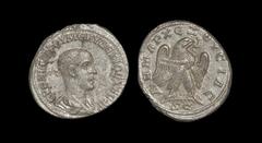 Ancient Roman Imperial Coins - Herennius Etruscus - Antioch ad Orontem - Eagle Tetradrachm 250-251 AD. Obv: ERENNE TROY ME KY DEKIOC KECAR legend with bare-headed, draped, cuirassed bust right, four d
