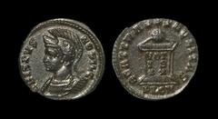 Ancient Roman Imperial Coins - Crispus - London - Altar Bronze 323-324 AD. London mint. Obv: CRISPVS-NOBIL C legend with helmeted, cuirassed bust left. Rev: BEAT TRA-NQLITAS legend with globe on altar