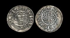 English Medieval Coins - John - London / Iohan B - Short Cross Penny 1204-1209 AD. Class 5b2. Obv: facing bust with HENRICVS REX legend. Rev: short voided cross and quatrefoils with +IOHAN.B.ON.LVN le