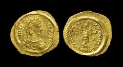 Ancient Byzantine Coins - Justinian I - Victory Gold Tremissis 527-565 AD. Constantinople mint. Obv: D N IVSTINIANVS P P AVI legend with pearl-diademed, draped and cuirassed bust right. Rev: VICTORIA 