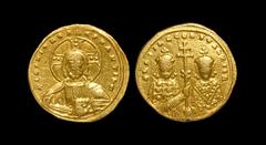 Ancient Byzantine Coins - Basil II and Constantine VIII - Double Portrait Gold Tetarteron Nomisma 976-1025 AD. Constantinople mint. Obv: +IhS XIS REX REGNANTInM legend with facing bust of Christ, hold