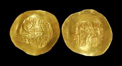 Ancient Byzantine Coins - John II - Gold Histamenon Nomisma 1118-1143 AD. Constantinople mint. Obv: IC-XC to left and right of Christ enthroned facing on backless throne, holding book of gospels and r
