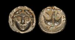 Ancient Greek Coins - Apollonia Pontika - Apollo Diobol Circa 450 BC. Obv: head of Apollo facing. Rev: anchor (right way up, hooks below), A on right, crayfish on left; uncertain magistrate's initials