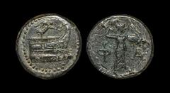 Ancient Greek Coins - Lycia - Phaselis - Athena Promachos Unit 81-27 BC. Obv: prow of galley right with Nike flying right above. Rev: F-A across fields, Athena Promachos walking right, brandishing spe