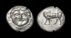 Ancient Greek Coins - Mysia - Parion - Bull Hemidrachm 400-300 BC. Obv: head of gorgoneion facing. Rev: bull standing left, head right; P-A and eight-pointed star above, RI below. 2.17 grams. SNG Cope
