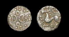 Celtic Iron Age Coins - Iceni - Crescent Corn Ears Silver Unit 50-5 BC. Obv: opposing crescents and annulets at centre with four corn ears with pellet trefoil in angles. Rev: horse left with six-spoke