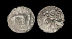 Celtic Iron Age Coins - Iceni - Stickman Boar Silver Half Unit 50 BC-10 AD. Obv: boar right with pellet-in-annulet symbols around. Rev: horse right with trefoil and pellet-in-annulet above with 'stick