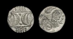 Celtic Iron Age Coins - Iceni - Antedios - Monogram Silver Unit 10-30 AD. Obv: double crescents with wreath. Rev: horse right with reversed 'S' symbol below head and pelletted sun above, with ANTED mo