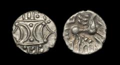 Celtic Iron Age Coins - Iceni - Ecen - Corn Ear Silver Unit 10-43 AD. Obv: double crescent with wreath. Rev: horse right with 's' symbol below head, branch above and ECEN below. 1.05 grams. S. 443A; B