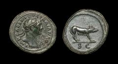 Ancient Roman Imperial Coins - Trajan - She Wolf Quadrans 98-117 AD. Rome mint. Obv: IMP CAES NERVA TRAIAN AVG legend with laureate head right, slight drapery on left shoulder. Rev: SC beneath she-wol