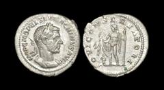 Ancient Roman Imperial Coins - Macrinus - Jupiter Denarius 217-218 AD. Rome mint. Obv: IMP C M OPEL SEV MACRINVS AVG legend with laureate, cuirassed bust right. Rev: IOVI CONSERVATORI legend with Jupi