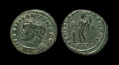 Ancient Roman Imperial Coins - Galerius - Genius Large Follis 301-303 AD. Lyons mint. Obv: MAXIMIANVS NOB C legend with laureate, cuirassed bust left. Rev: GENIO POPV-LI ROMANI legend with Genius stan