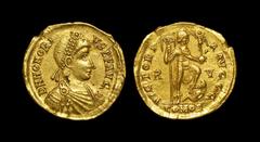 Ancient Roman Imperial Coins - Honorius - Emperor and Captive Gold Solidus 395-401 AD. Ravenna mint. Obv: D N HONORIVS PF AVG legend with pearl-diademed, draped and cuirassed bust right. Reverse: VICT