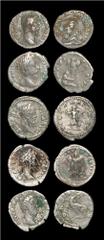 Ancient Roman Imperial Coins - Lucius Verus, Marcus Aurelius and Septimius Severus - Denarii Group [5] 165-211 AD. Group comprising: Lucius Verus, 165 AD, Parthian captive reverse; Marcus Aurelius, 17