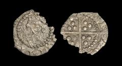 English Medieval Coins - Henry VII - London - Long Cross Farthing 1485-1603 AD. Obv: facing bust with neck and open crown with [+HEN]RICxDIxG[RAxREX] legend with single saltire (or trefoil?) stops and