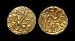 Celtic Iron Age Coins - Atrebates and Regni - Selsey Two Faced Gold Stater 55-45 BC "Obv: wreath pattern with two large pellets behind and a hidden face. Rev: triple-tailed horse with charioteer's arm