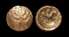 Celtic Iron Age Coins - Atrebates and Regni - Verica - Vine Leaf Gold Stater 10-40 AD Obv: central vine leaf with VI to right and RI to left. Rev: warrior riding horse right holding shield with C O ab