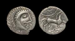 Celtic Iron Age Coins - Iceni - Norfolk God Small Head Silver Unit 30-10 BC "Obv: male head right with ear of corn behind and pellet trefoil below. Rev: horse right with 'kite' and beaded arc above, p