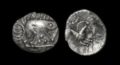 Celtic Iron Age Coins - Iceni - Norfolk Boar Triadic Silver Unit 30-10 BC Obv: boar right with pellet trefoil below and plain ground line. Rev: horse right with pellet ring above. 0.72 grams. (). "The