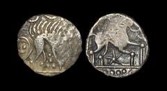 Celtic Iron Age Coins - Iceni - Norfolk Boar Star Silver Unit 30-10 BC "Obv: boar right with pellet and pellet trefoil below. Rev: horse right with trefoil of pellets above, with five-armed star below