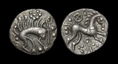 Celtic Iron Age Coins - Iceni - Norfolk Boar Phallic Silver Unit 5-43 AD "Obv: boar right with long bristles with spear piercing ears, pellet-rosette above and pellet below. Rev: horse right with four