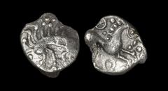 Celtic Iron Age Coins - Iceni - Kelling Boar Silver Unit 30-10 BC "Obv: stylised boar right with bristly back and pellet rosette above. Rev: horse prancing right with beaded mane, four-spoked wheel ab