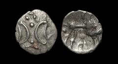 Celtic Iron Age Coins - Iceni - Mini Ecen Silver Half Unit 10-43 AD Obv: opposed crescents with pellets between within lozenge shape. Rev: globular horse right with ECEN monogram below. "0.51 grams," 