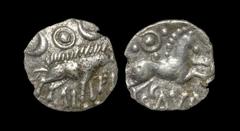 Celtic Iron Age Coins - Iceni - Ale Scavo - Boar Horse Silver Unit 35-45 AD "Obv: boar stepping right, two pellet-ended crescents flanking pellet-in-annulet above, AL FE between and in front of legs b