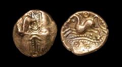 Celtic Iron Age Coins - Trinovantes - Dubnovellaunus - Branch Gold Stater 5 BC-10 AD "Obv: banded flan with wreath motif, two outline crescents at centre, annulet at ends. Rev: full-bodied horse pranc