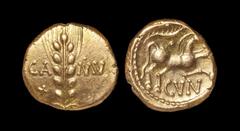 Celtic Iron Age Coins - Catuvellauni - Cunobelin - Linear Gold Stater 8-41 AD "Obv: ear of corn with central stalk with CA to left and MV to right; small x below CA and small pellet above M. Rev: hors