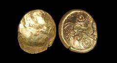 Celtic Iron Age Coins - Iceni - Snettisham Multiple Pellets Gold Stater 50-40 BC "Obv: plain, traces of crossed wreaths. Rev: horse right with double tail without pellets and beaded mane, 'simplified 